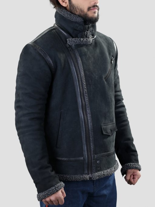 Black Shearling Belted Leather Jacket