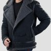 Romba Mens Belted Black Faux Shearling Jacket