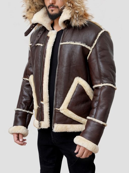 B3 Aviator Bomber Flight Hooded Fur Collar Shearling Brown Leather Jacket