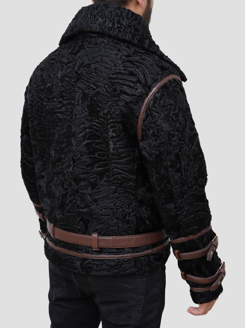Belted Style Black Goat Curly Shearling Bomber Leather Jacket For men Real Belted Black Goat Curly Shearling Bomber Black Leather Jacket