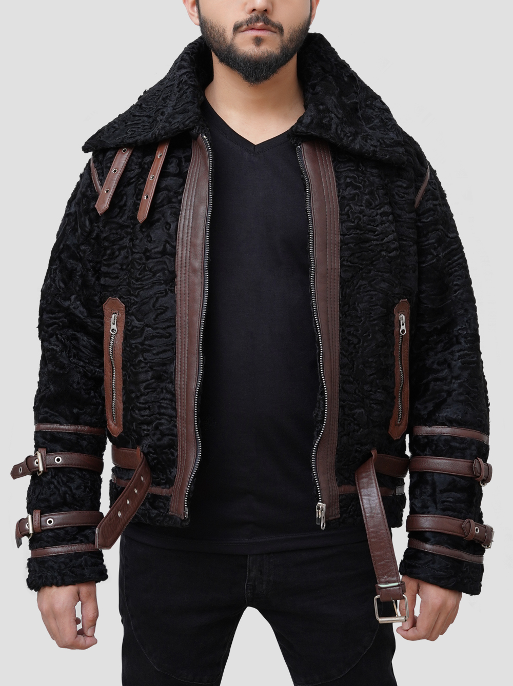 Belted Style Goat Curly Shearling Bomber Black Leather Jacket For men Real Belted Goat Curly Shearling Bomber Leather Jacket