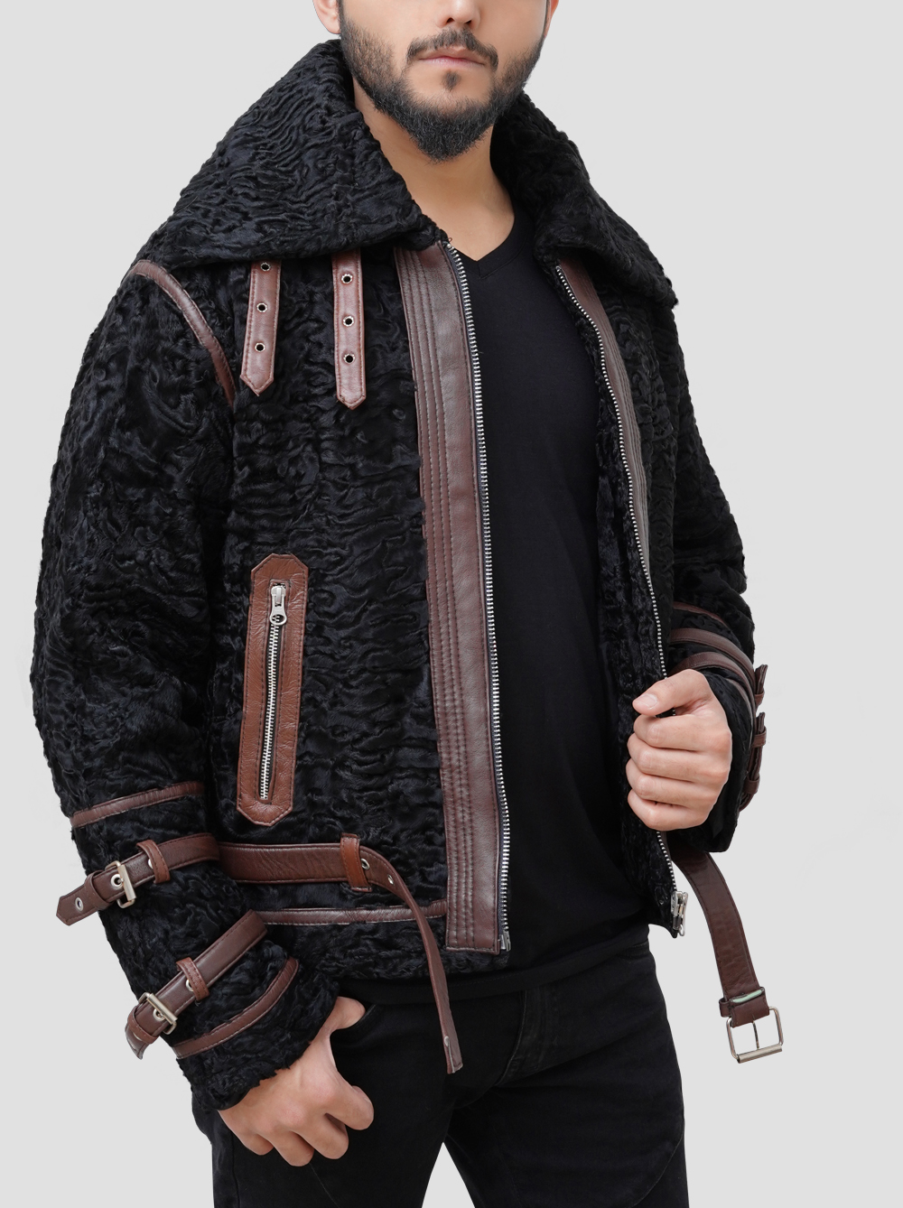 Belted Style Goat curly Shearling Leather Jacket For men Real Black Goat Curly Shearling Bomber Leather Jacket