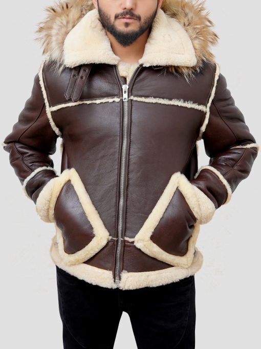 B3 Aviator Bomber Men Flight Hooded Fur Collar Shearling Brown Leather Jacket