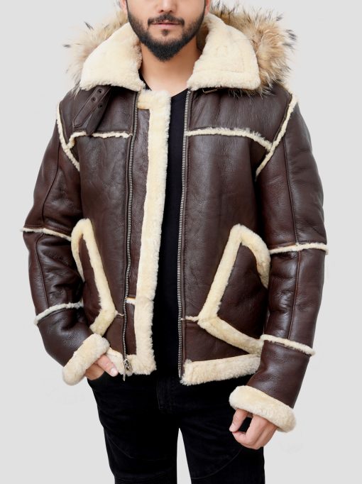 B3 Aviator Bomber Flight Hooded Fur Collar Shearling Brown Leather Jacket