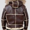 B3 Aviator Bomber Flight Hooded Fur Collar Shearling Brown Leather Jacket For Men