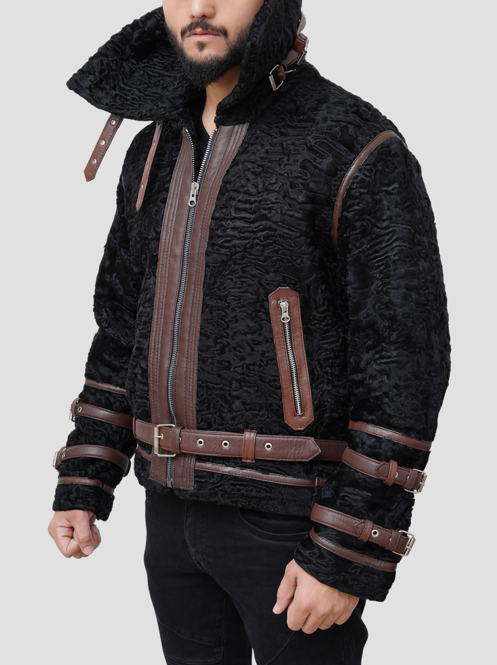 Men Belted Style Goat curly Shearling Bomber Leather Jacket Real Belted Goat Curly Shearling Black Leather Jacket