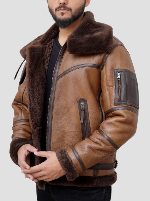 Men Cognac Winter Real Shearling Bomber Leather Jacket