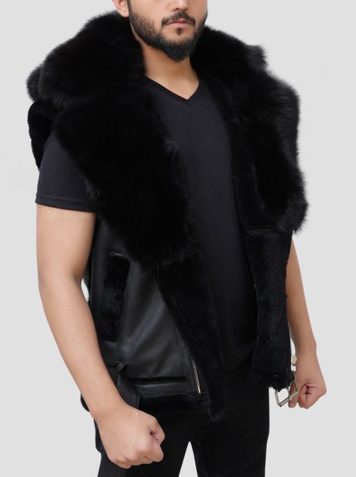 Men Black Real Sheepskin Shearling Leather Vest