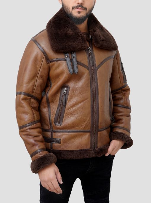 Men Cognac Winter Real Shearling Brown Bomber Leather Jacket