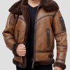 Men Cognac Winter Brown Real Shearling Bomber Leather Jacket