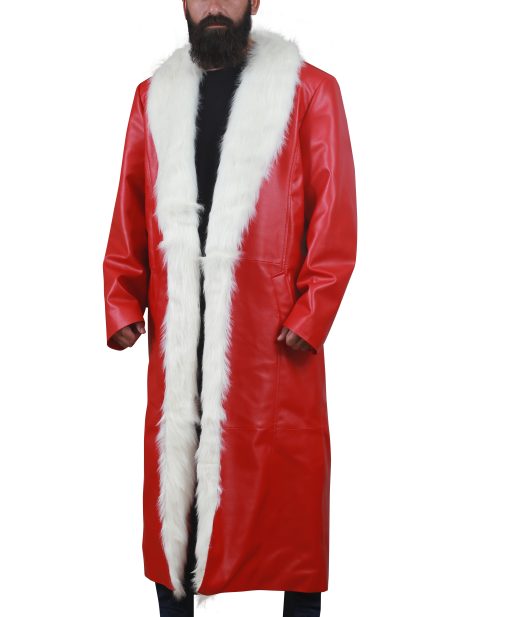 Men Red Shearling Full Length Real Leather Trench Coat