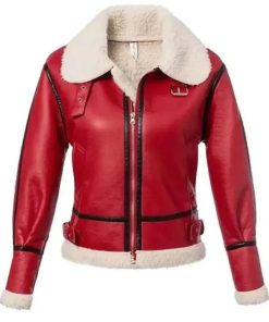 Women Shearling Sheepskin Red Leather Jacket