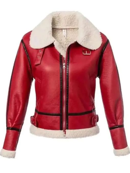 Women Shearling Sheepskin Red Leather Jacket