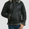 Sheepskin Men Aviator Black Hooded Shearling Leather Jacket