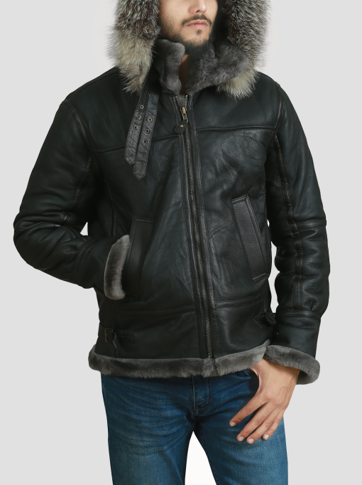 Sheepskin Men Aviator Black Hooded Shearling Leather Jacket