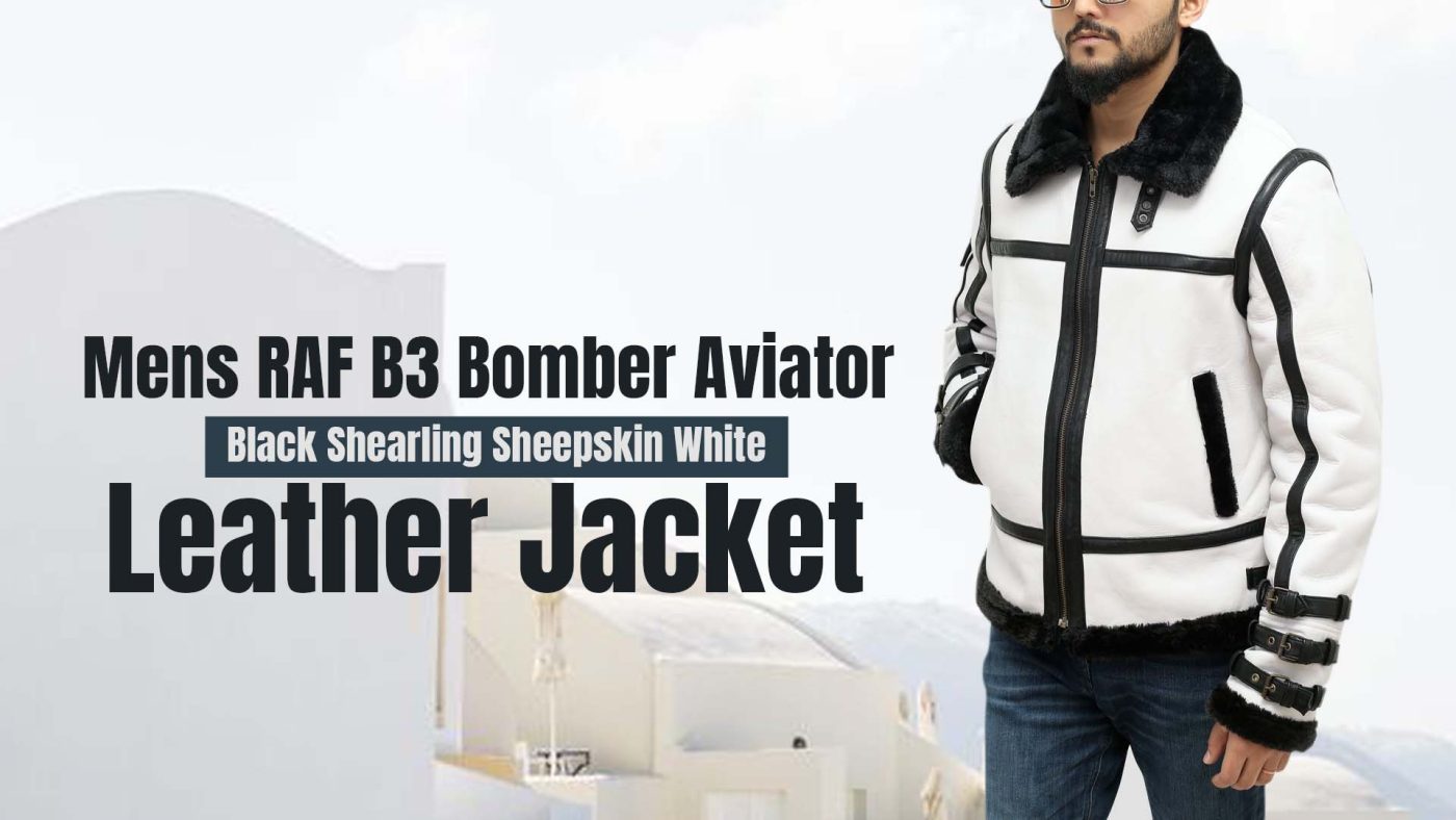 Mens RAF B3 Bomber Aviator Black Shearling Sheepskin White Leather Jacket