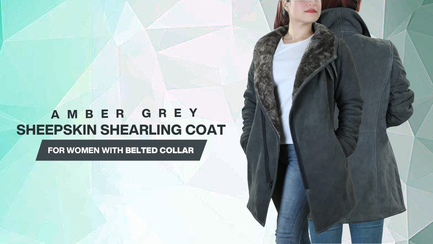 Amber Grey Sheepskin Shearling Coat for Women with Belted Collar