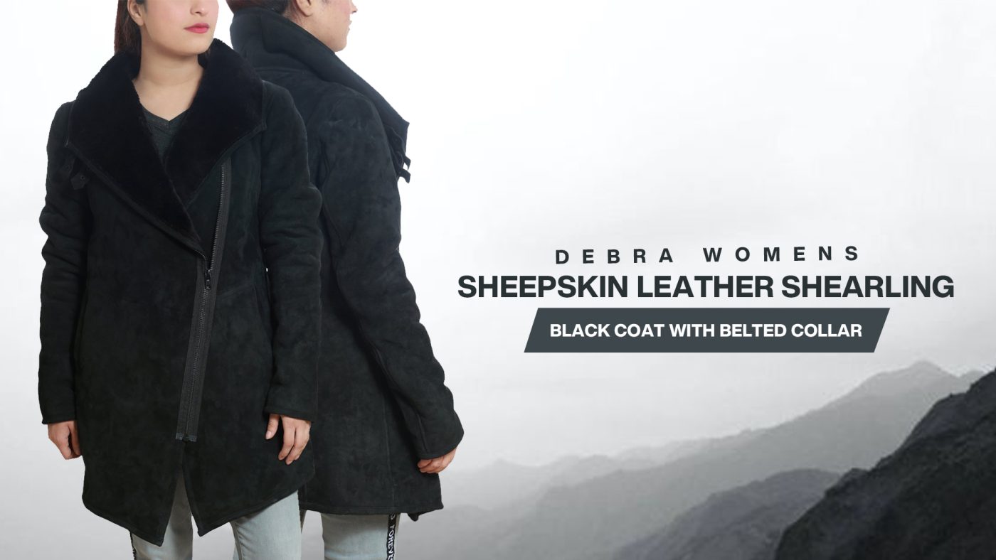 Debra Womens Sheepskin Leather Shearling Black Coat with Belted Collar (1)