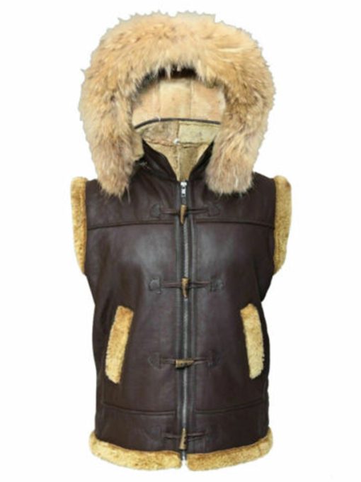 B3 RAF Aviator Shearling Hooded Fur Brown Leather Vest