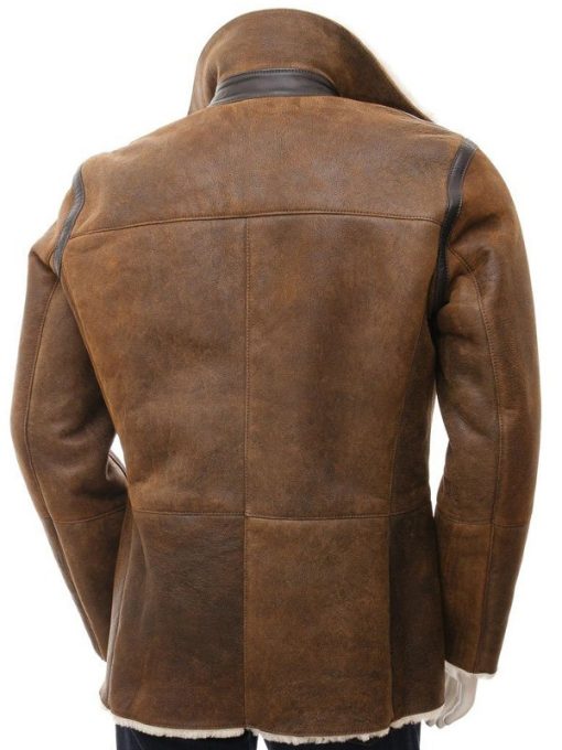 Men Double Breasted Sheepskin Shearling Brown Leather Peacoat