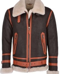 Men Belted Brown Sheepskin Shearling Leather Jacket