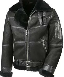 Shearling Black Aviator Leather Jacket For Men