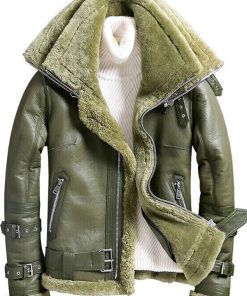 Men Sheepskin Olive Green Shearling Leather Jacket